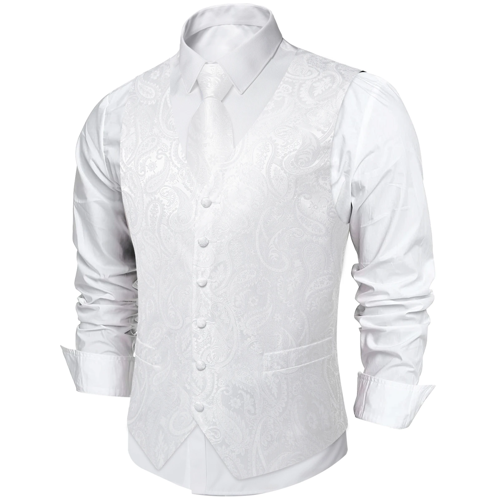 Pure White Wedding Vest for Man Sleeveless V-neck Satin Luxury Men Waistcoat Necktie Pocket Square Cufflinks Clip 5 PCS Set Gift