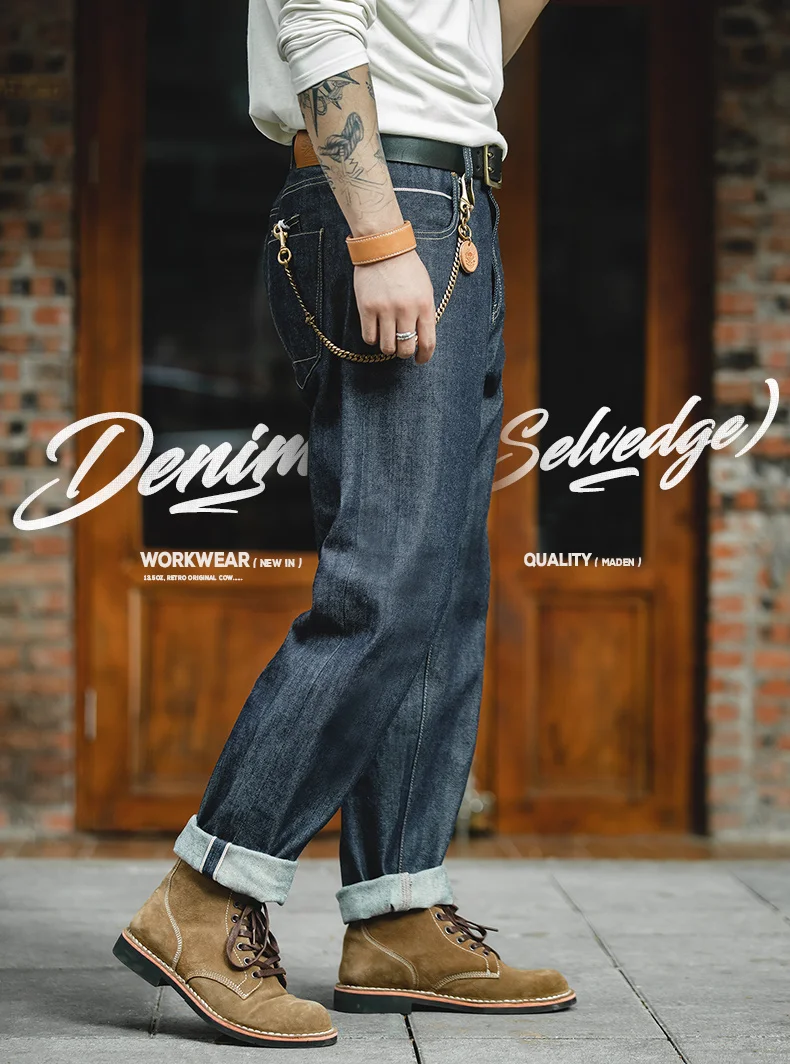 Maden Vintage 13.5oz Heavyweight Selvedge Raw Denim Jeans Men's Straight Fit Cotton Jeans Casual Pocket Trousers Fall Winter
