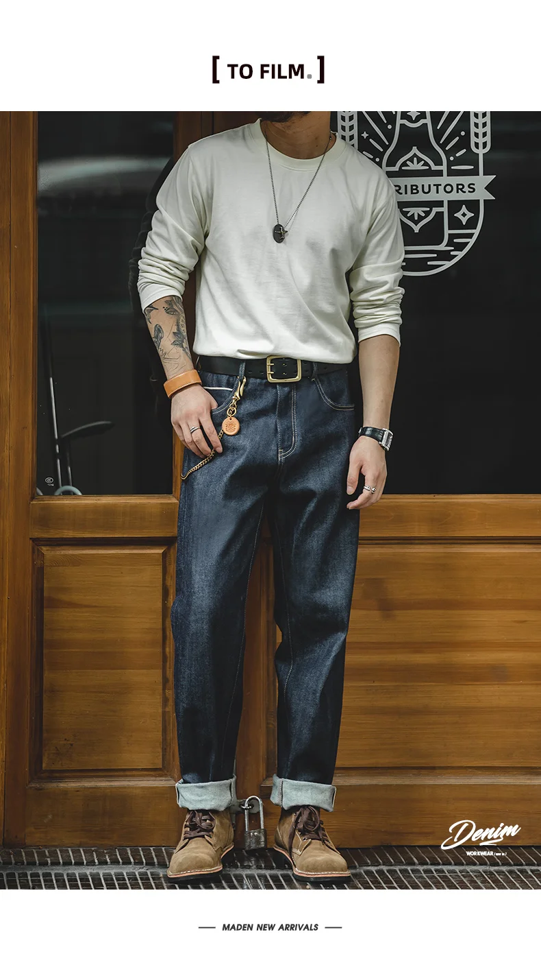 Maden Vintage 13.5oz Heavyweight Selvedge Raw Denim Jeans Men's Straight Fit Cotton Jeans Casual Pocket Trousers Fall Winter