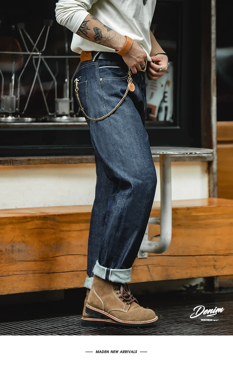 Maden Vintage 13.5oz Heavyweight Selvedge Raw Denim Jeans Men's Straight Fit Cotton Jeans Casual Pocket Trousers Fall Winter