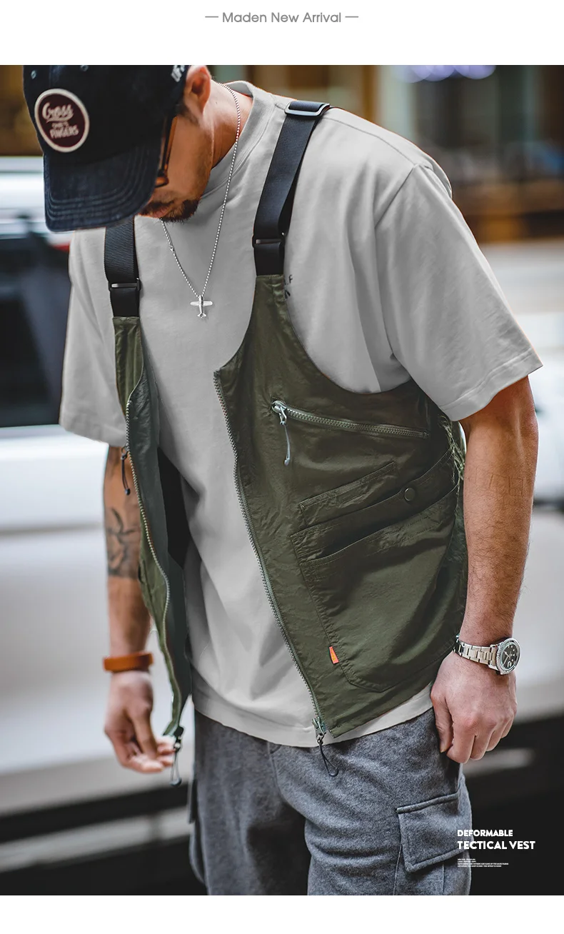 Maden Vintage Multi-Pocket Sleeveless Nylon Vest Amekaji Outdoor Deformable Tactical Vest Functional Dual Purpose Satchel Bag