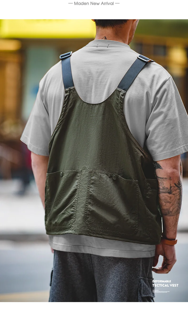 Maden Vintage Multi-Pocket Sleeveless Nylon Vest Amekaji Outdoor Deformable Tactical Vest Functional Dual Purpose Satchel Bag