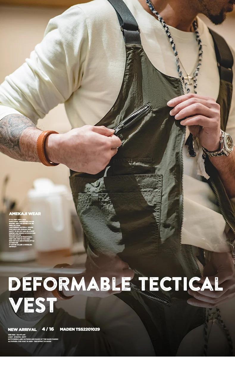 Maden Vintage Multi-Pocket Sleeveless Nylon Vest Amekaji Outdoor Deformable Tactical Vest Functional Dual Purpose Satchel Bag