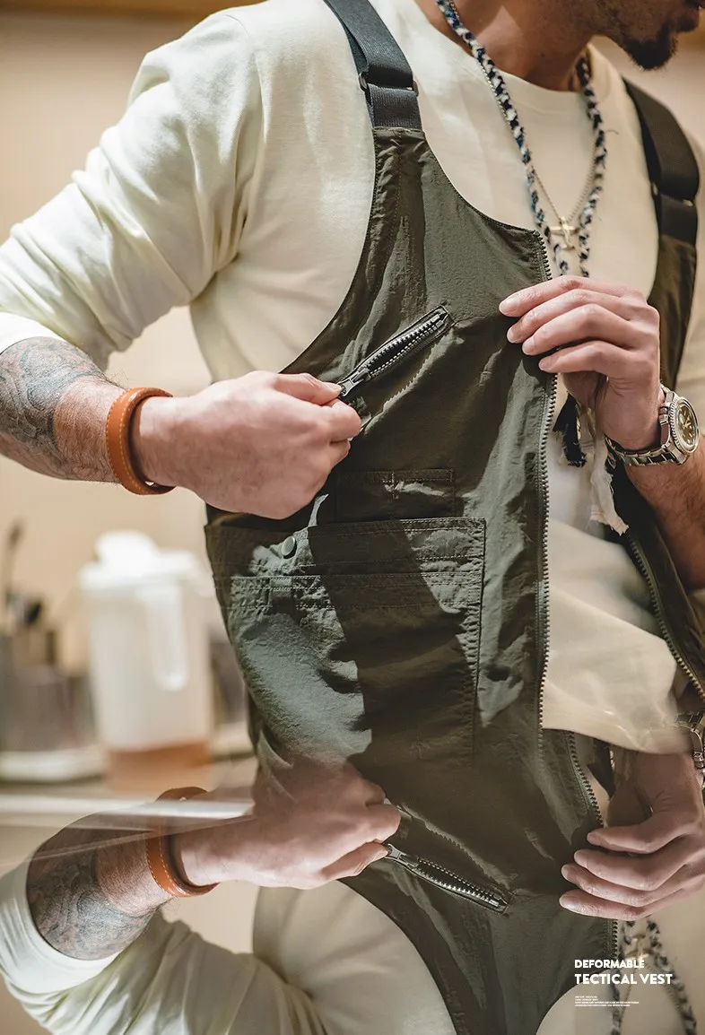 Maden Vintage Multi-Pocket Sleeveless Nylon Vest Amekaji Outdoor Deformable Tactical Vest Functional Dual Purpose Satchel Bag