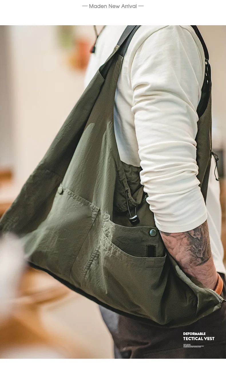 Maden Vintage Multi-Pocket Sleeveless Nylon Vest Amekaji Outdoor Deformable Tactical Vest Functional Dual Purpose Satchel Bag
