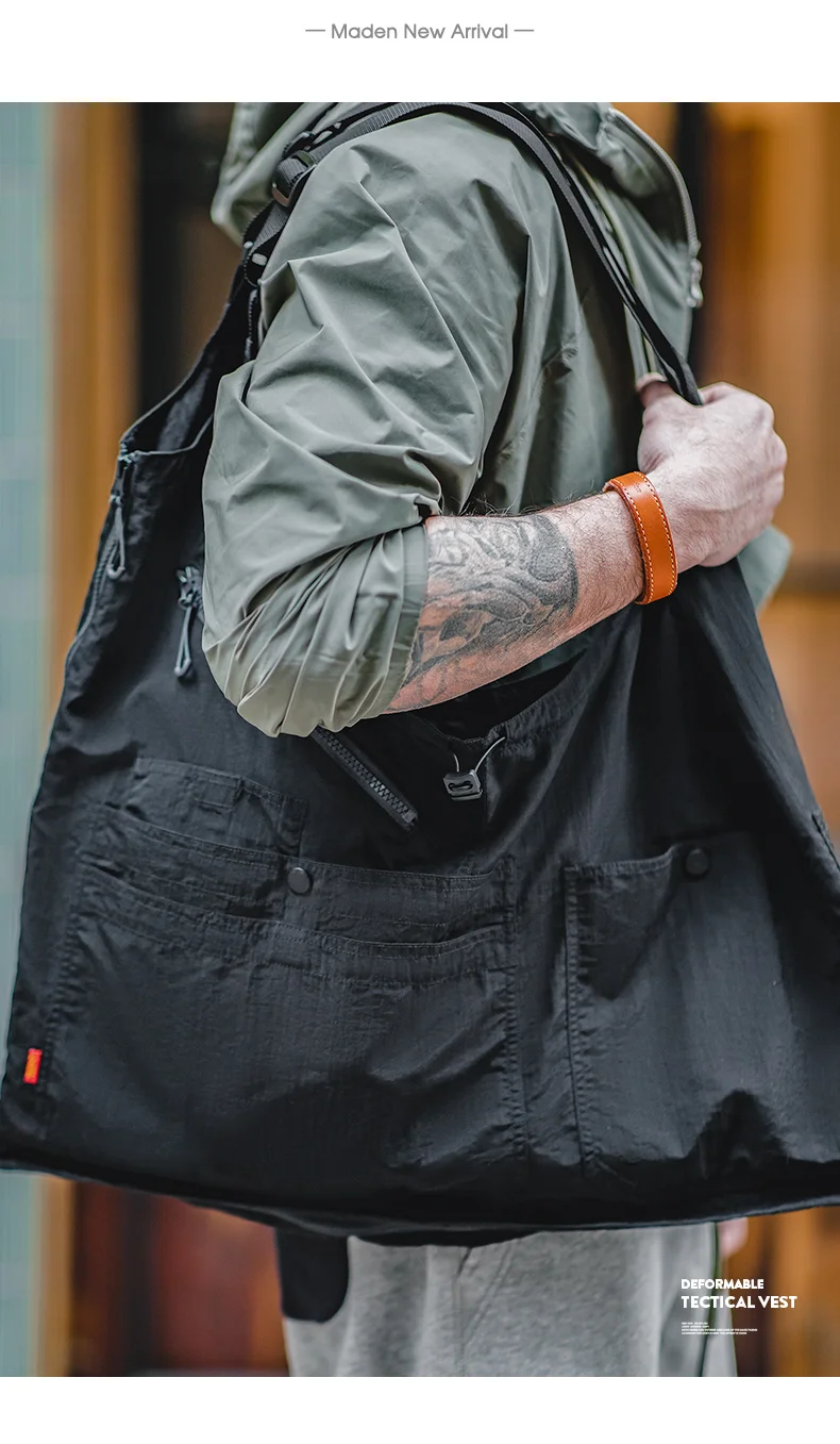 Maden Vintage Multi-Pocket Sleeveless Nylon Vest Amekaji Outdoor Deformable Tactical Vest Functional Dual Purpose Satchel Bag