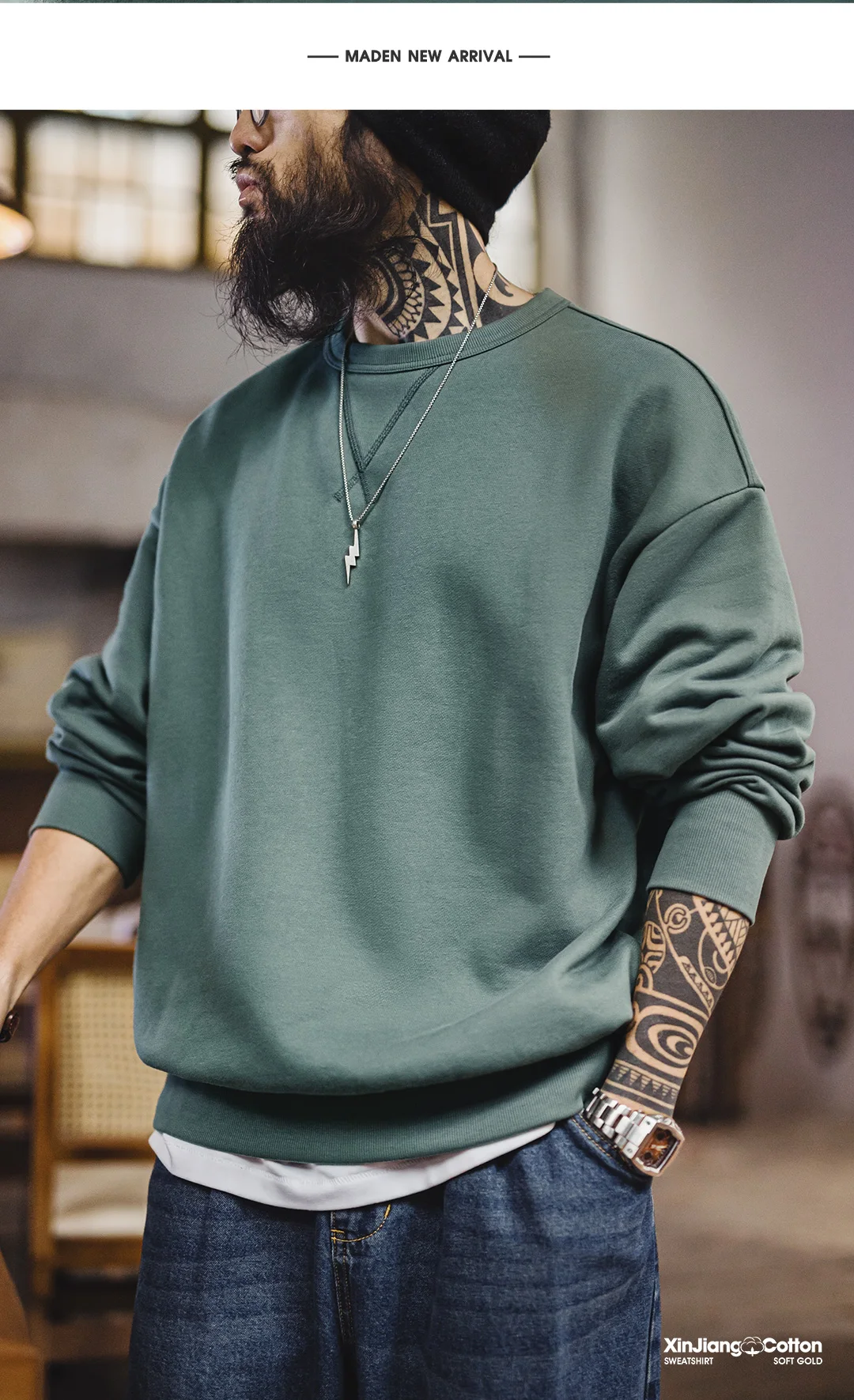 Maden Men's Casual Heavyweight Knit Sweatshirt Loose Fit Crewneck Long Sleeve Pullover Basic Layering Piece for Spring Autumn