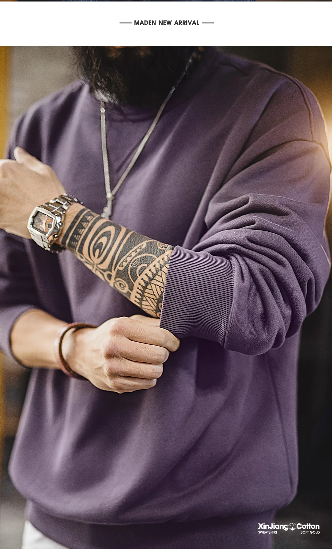 Maden Men's Casual Heavyweight Knit Sweatshirt Loose Fit Crewneck Long Sleeve Pullover Basic Layering Piece for Spring Autumn