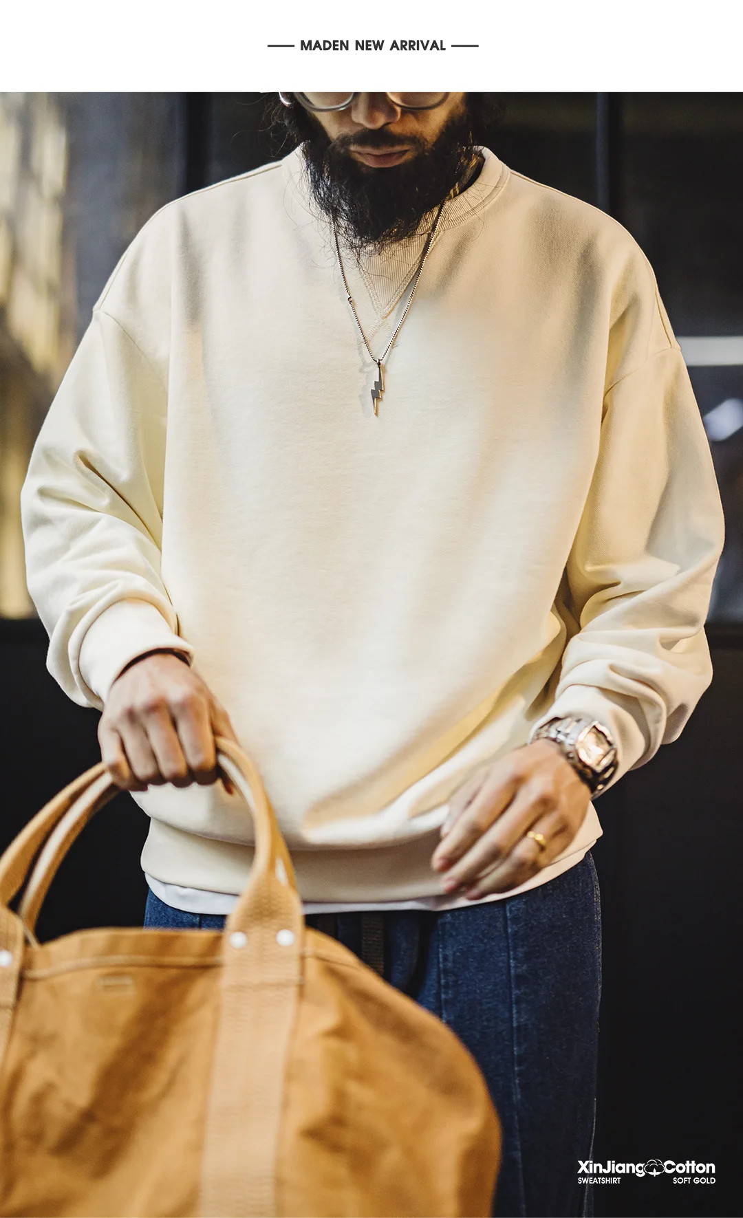 Maden Men's Casual Heavyweight Knit Sweatshirt Loose Fit Crewneck Long Sleeve Pullover Basic Layering Piece for Spring Autumn