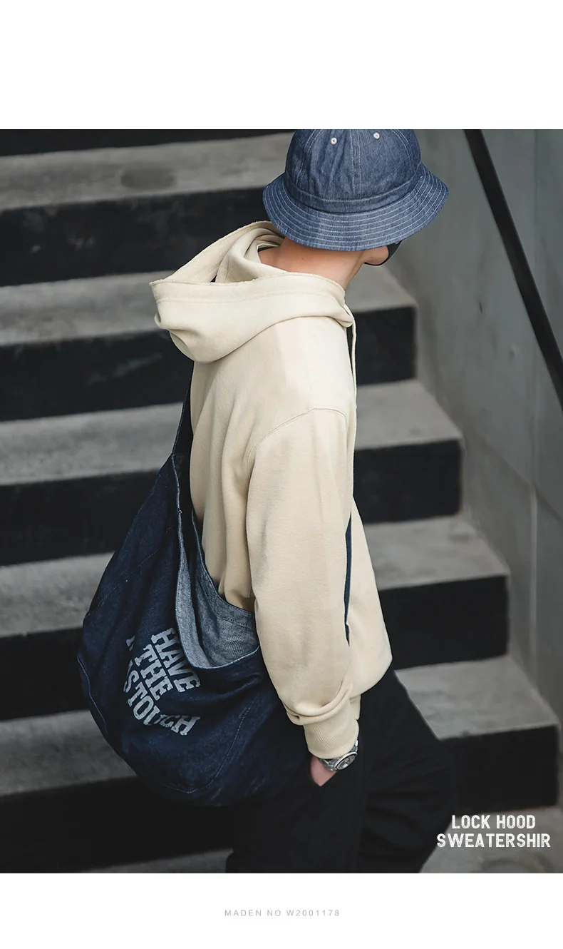 Maden Retro Men's Solid Color Long Sleeve Hoodies Sweatshirt Casual Loose with Drawstring Pullover for Men Autumn Streetwear Top