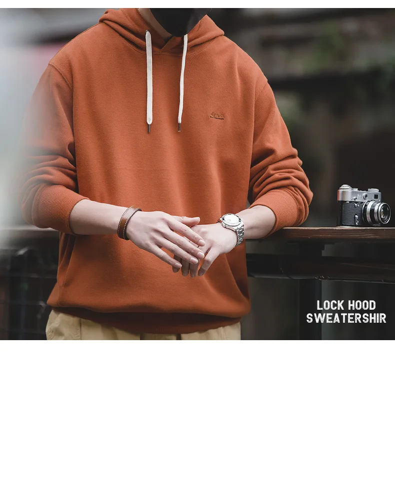 Maden Retro Men's Solid Color Long Sleeve Hoodies Sweatshirt Casual Loose with Drawstring Pullover for Men Autumn Streetwear Top