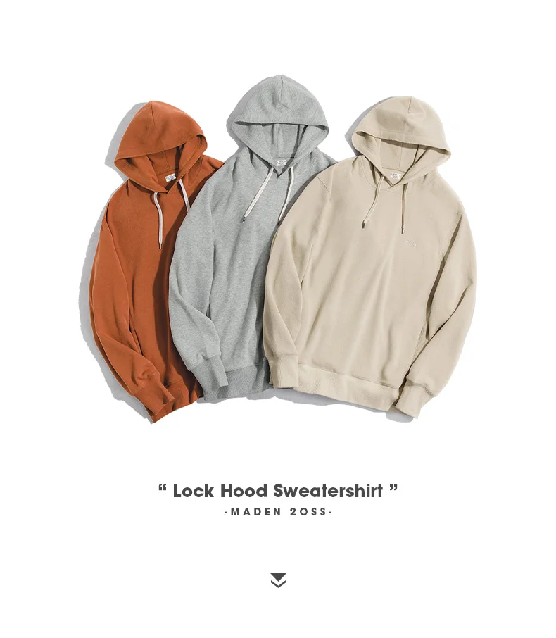 Maden Retro Men's Solid Color Long Sleeve Hoodies Sweatshirt Casual Loose with Drawstring Pullover for Men Autumn Streetwear Top