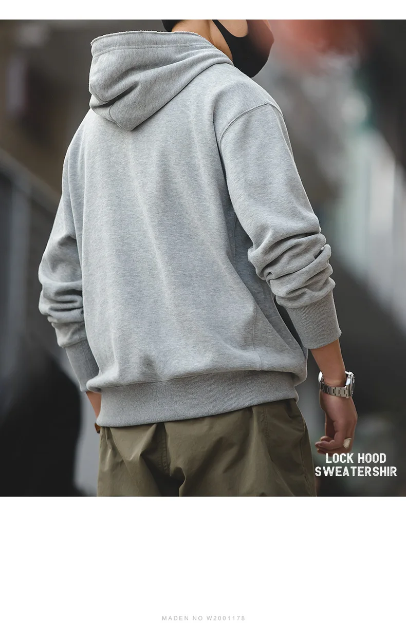 Maden Retro Men's Solid Color Long Sleeve Hoodies Sweatshirt Casual Loose with Drawstring Pullover for Men Autumn Streetwear Top