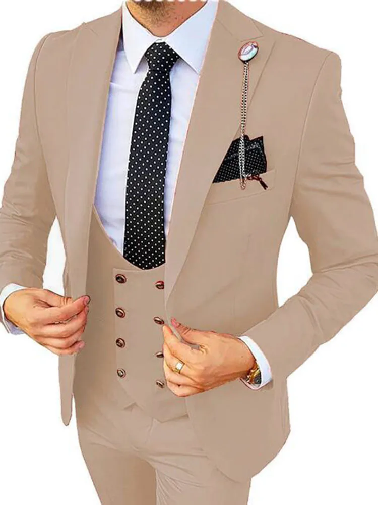 Formal Men 3 Piece Wedding Suit Groom Tuxedo Slim Fit Business Suits Champagne Wedding Suit Costume Homme (Blazer+Pants+Vest)