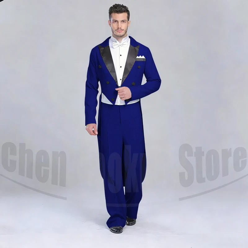 Elegant Black Solid Men Suits 2 Piece Fashion Satin Peak Lapel Standard Dance Tailcoat Party Prom Male Suits Slim (Jacket+Pants)