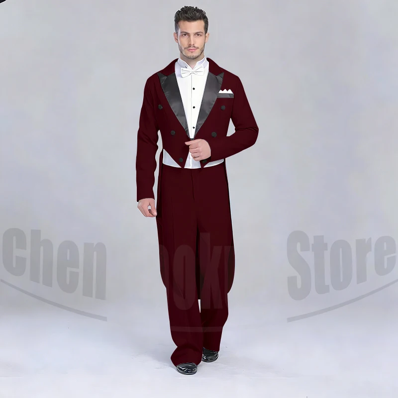 Elegant Black Solid Men Suits 2 Piece Fashion Satin Peak Lapel Standard Dance Tailcoat Party Prom Male Suits Slim (Jacket+Pants)