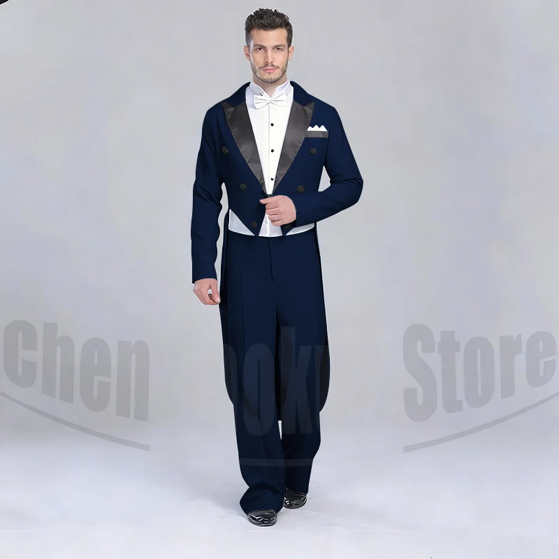 Elegant Black Solid Men Suits 2 Piece Fashion Satin Peak Lapel Standard Dance Tailcoat Party Prom Male Suits Slim (Jacket+Pants)