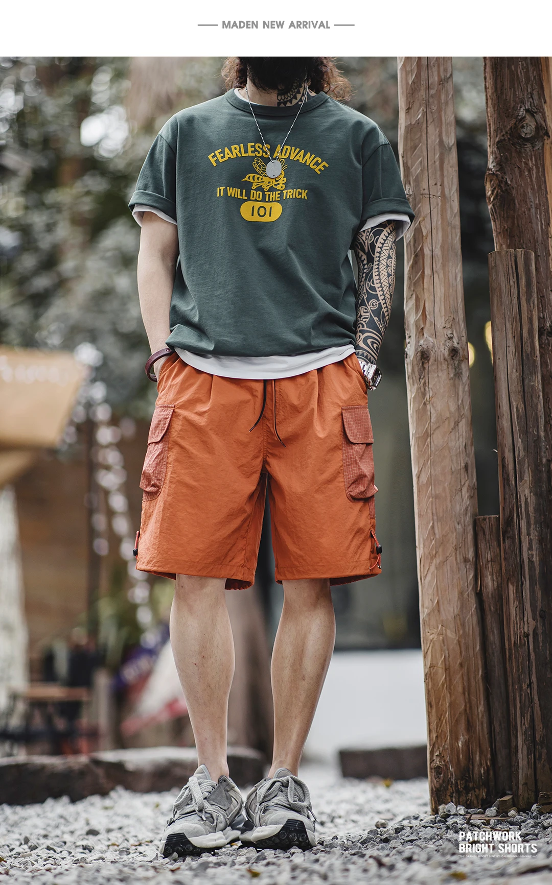 Maden Summer Men Straight Shorts Orange Patchwork Gingham Loose Beach Pants Plus Size Shorts Elastic Waist Light Breathable