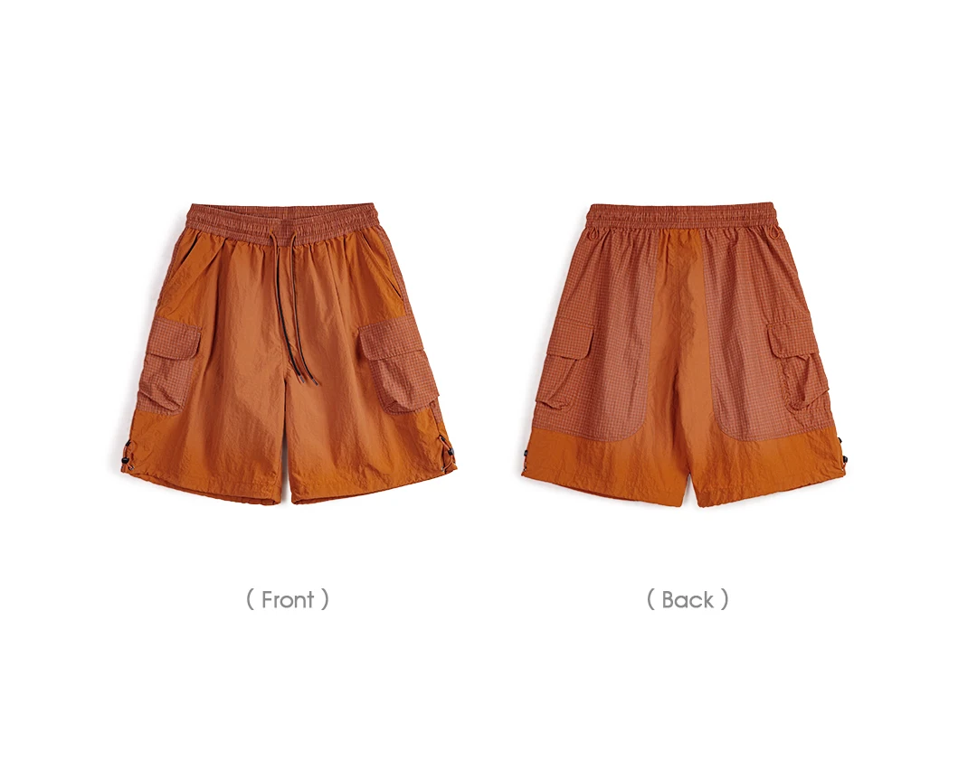 Maden Summer Men Straight Shorts Orange Patchwork Gingham Loose Beach Pants Plus Size Shorts Elastic Waist Light Breathable
