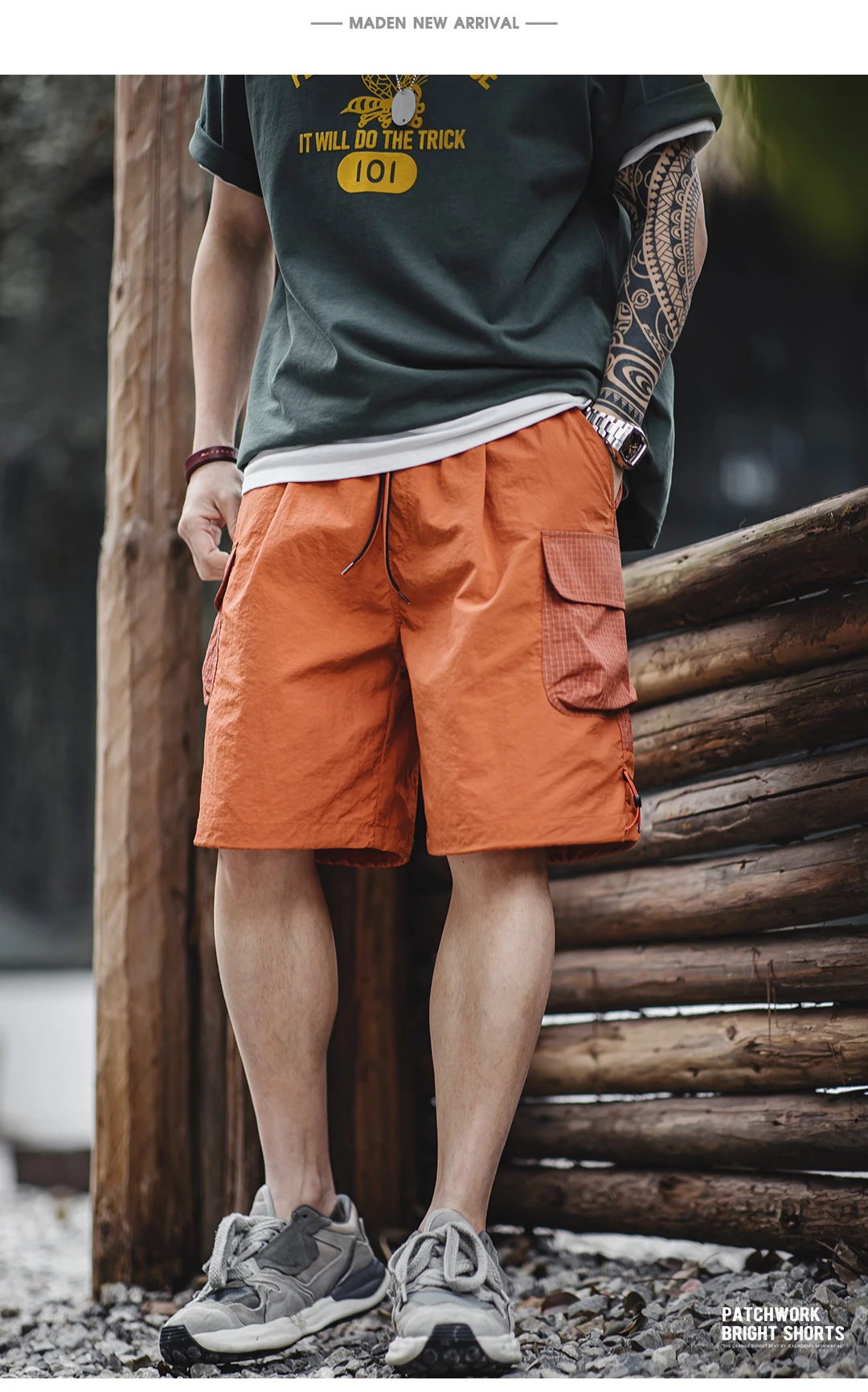 Maden Summer Men Straight Shorts Orange Patchwork Gingham Loose Beach Pants Plus Size Shorts Elastic Waist Light Breathable