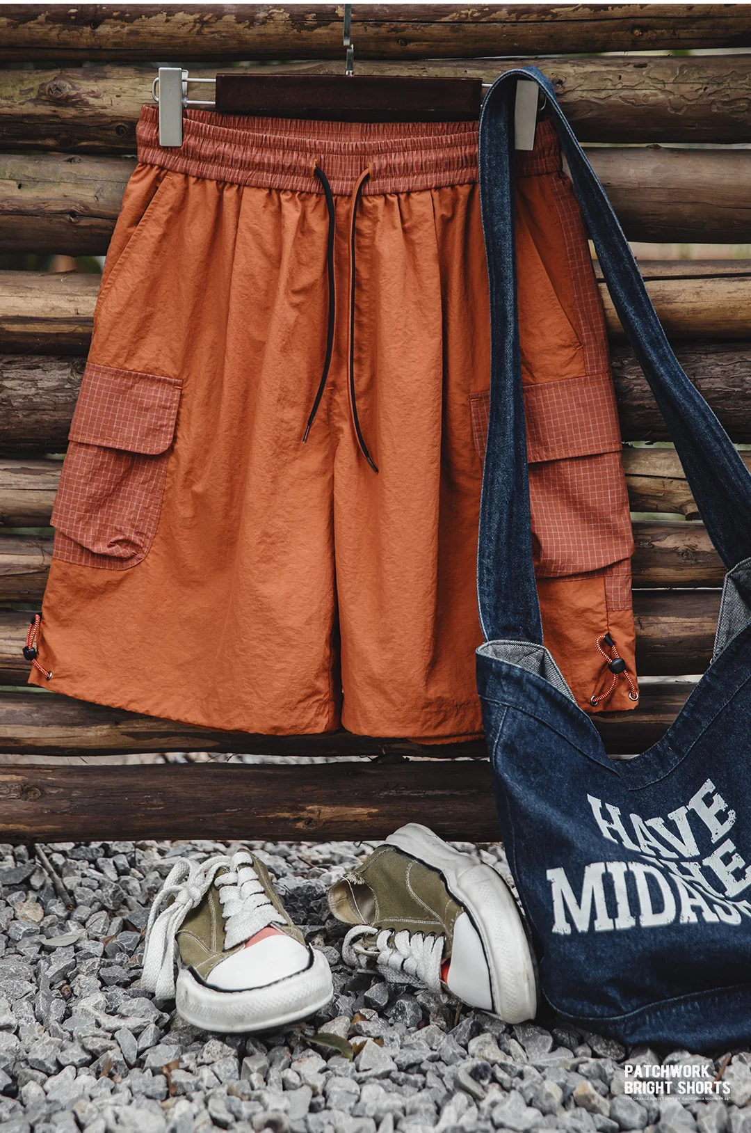Maden Summer Men Straight Shorts Orange Patchwork Gingham Loose Beach Pants Plus Size Shorts Elastic Waist Light Breathable