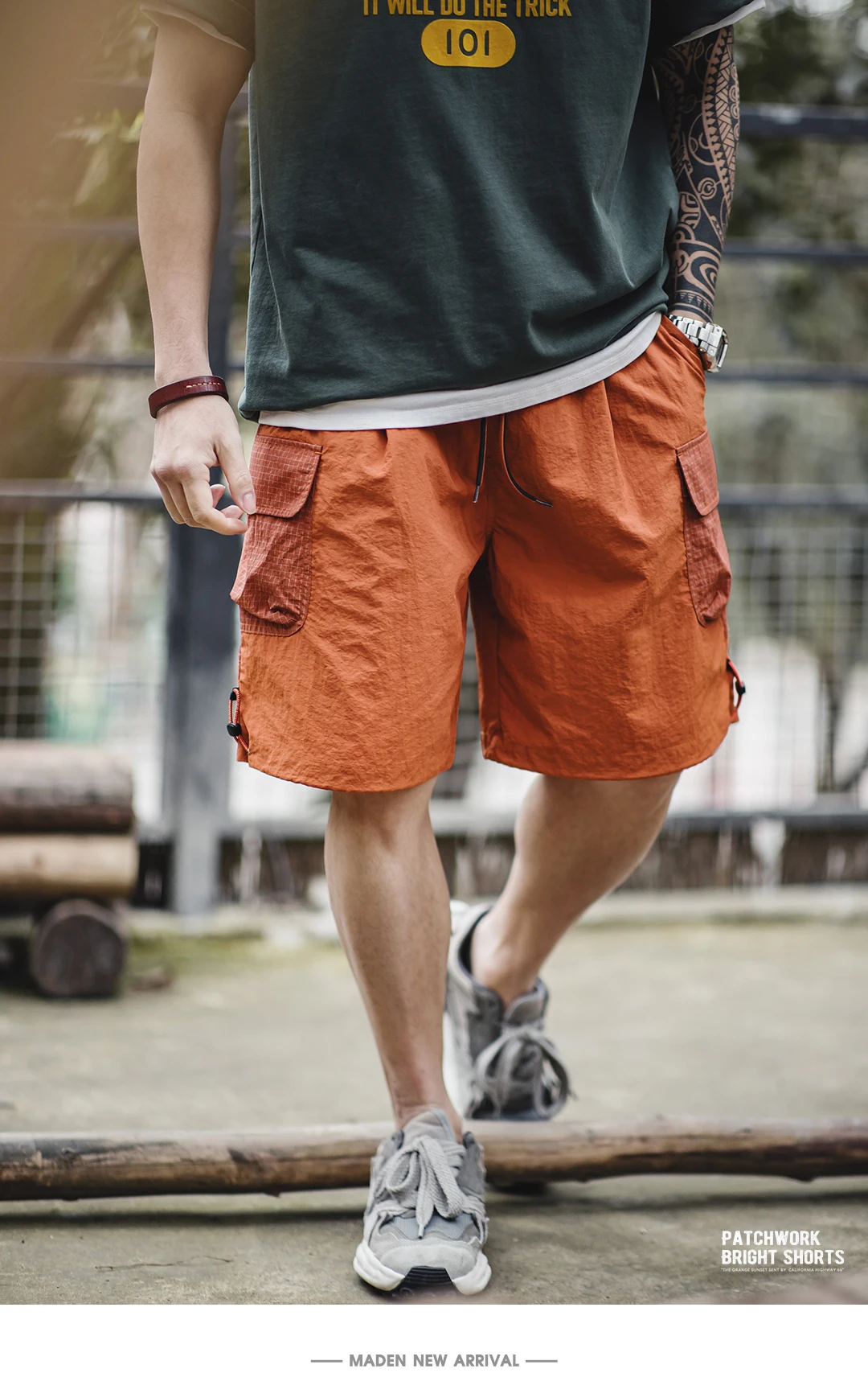 Maden Summer Men Straight Shorts Orange Patchwork Gingham Loose Beach Pants Plus Size Shorts Elastic Waist Light Breathable