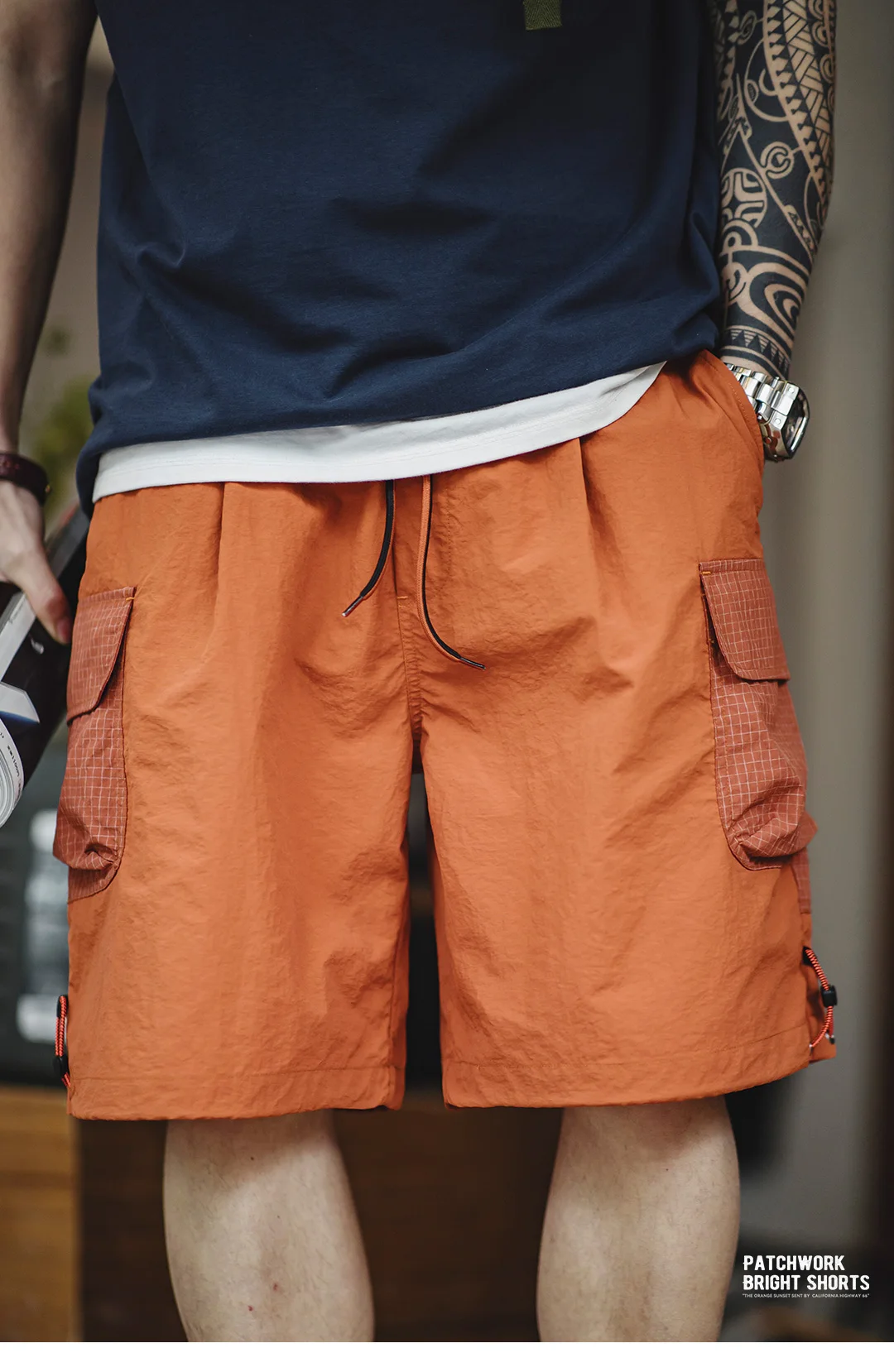 Maden Summer Men Straight Shorts Orange Patchwork Gingham Loose Beach Pants Plus Size Shorts Elastic Waist Light Breathable