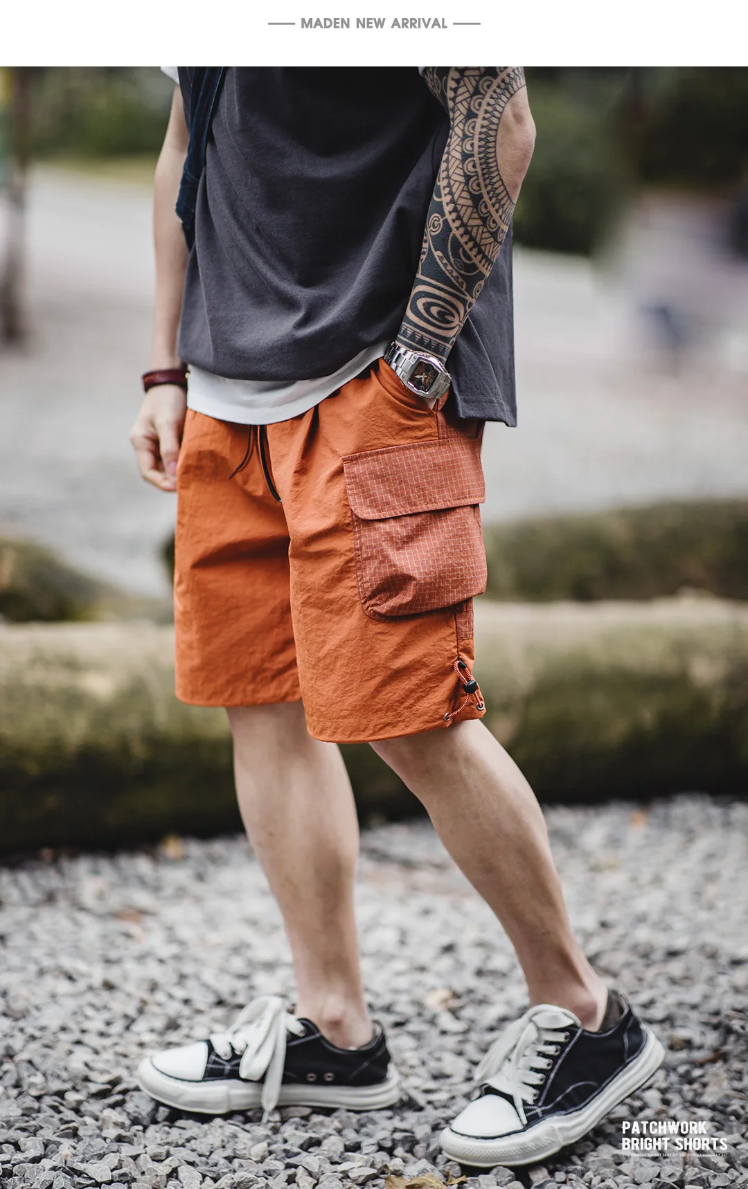 Maden Summer Men Straight Shorts Orange Patchwork Gingham Loose Beach Pants Plus Size Shorts Elastic Waist Light Breathable