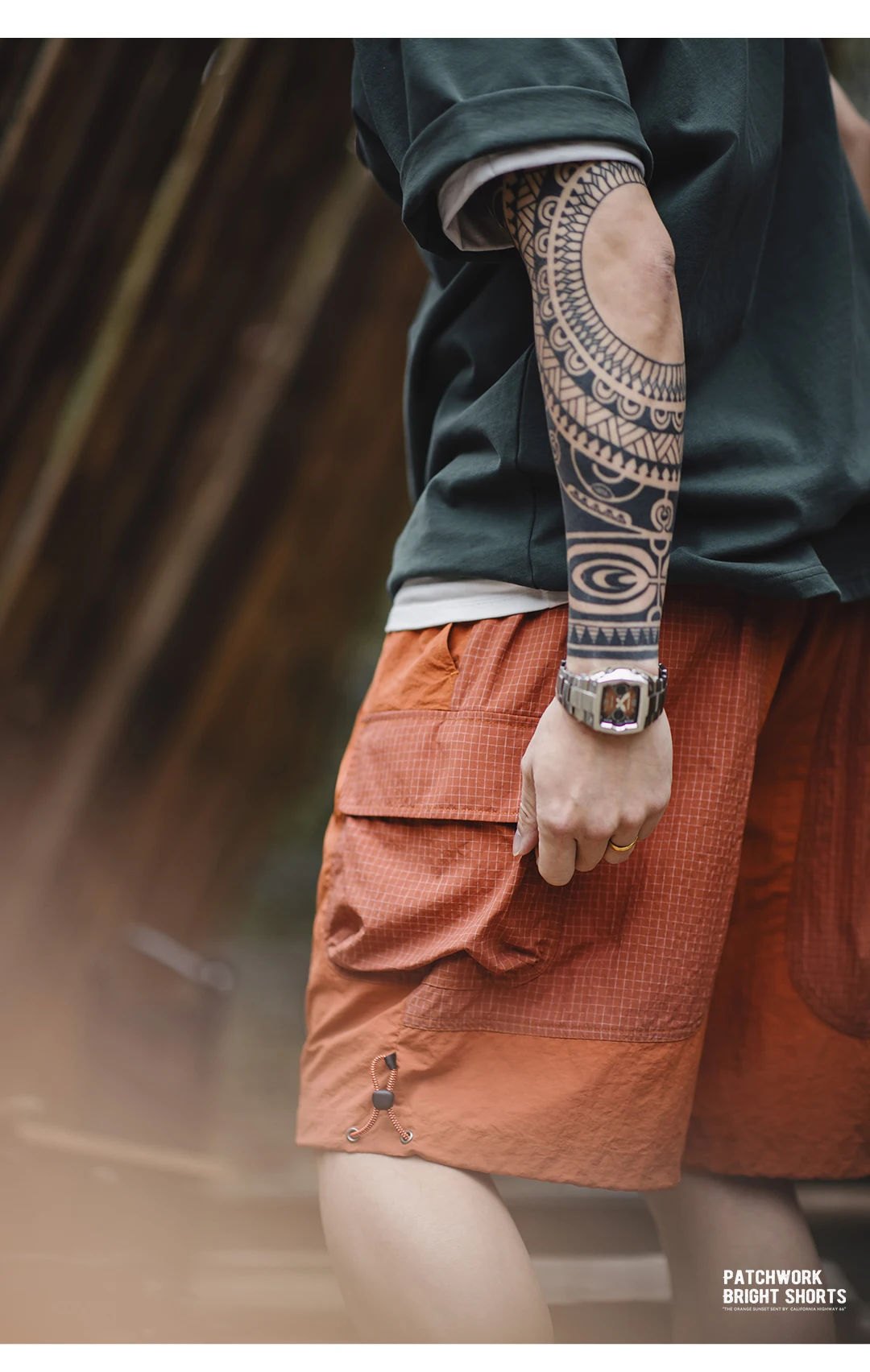 Maden Summer Men Straight Shorts Orange Patchwork Gingham Loose Beach Pants Plus Size Shorts Elastic Waist Light Breathable