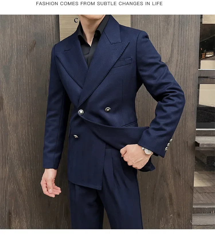 (Jackets+Pant)Fashion Double Breasted Design Men Suit Italian Style Luxury Elegant Business Social Wedding Dress Thick Suit 2Pcs