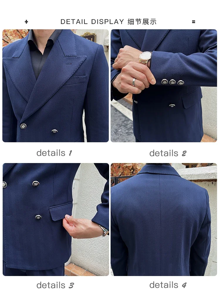 (Jackets+Pant)Fashion Double Breasted Design Men Suit Italian Style Luxury Elegant Business Social Wedding Dress Thick Suit 2Pcs