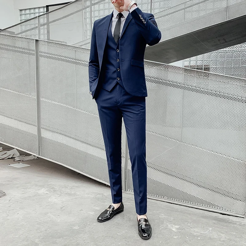 Suit Men's (Blazer+ Vest + Pants) 2025 Business Gentleman Fashionable and Fitted Casual Work Solid-color Wedding Best Man Suit