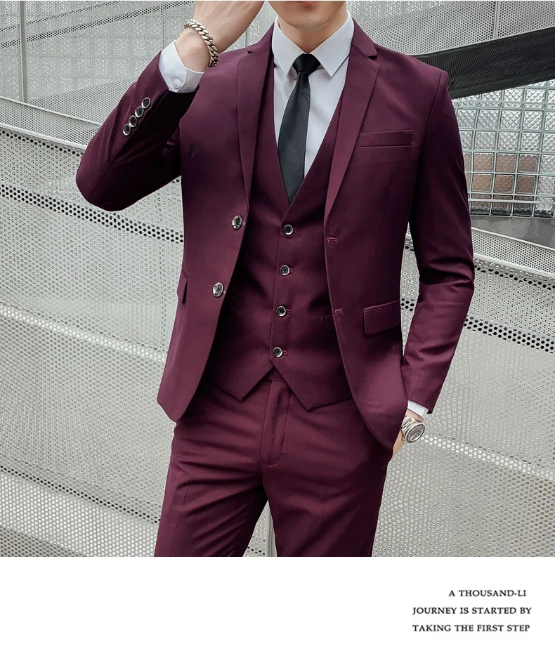 Suit Men's (Blazer+ Vest + Pants) 2025 Business Gentleman Fashionable and Fitted Casual Work Solid-color Wedding Best Man Suit