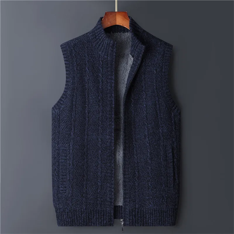 Winter Vest Men Sweater Zipper Warm Thick Male Cardigan Clothing Fleece Wool Liner Sleeveless Jackets Vintage Black Red