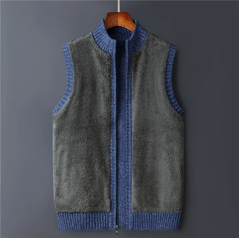 Winter Vest Men Sweater Zipper Warm Thick Male Cardigan Clothing Fleece Wool Liner Sleeveless Jackets Vintage Black Red