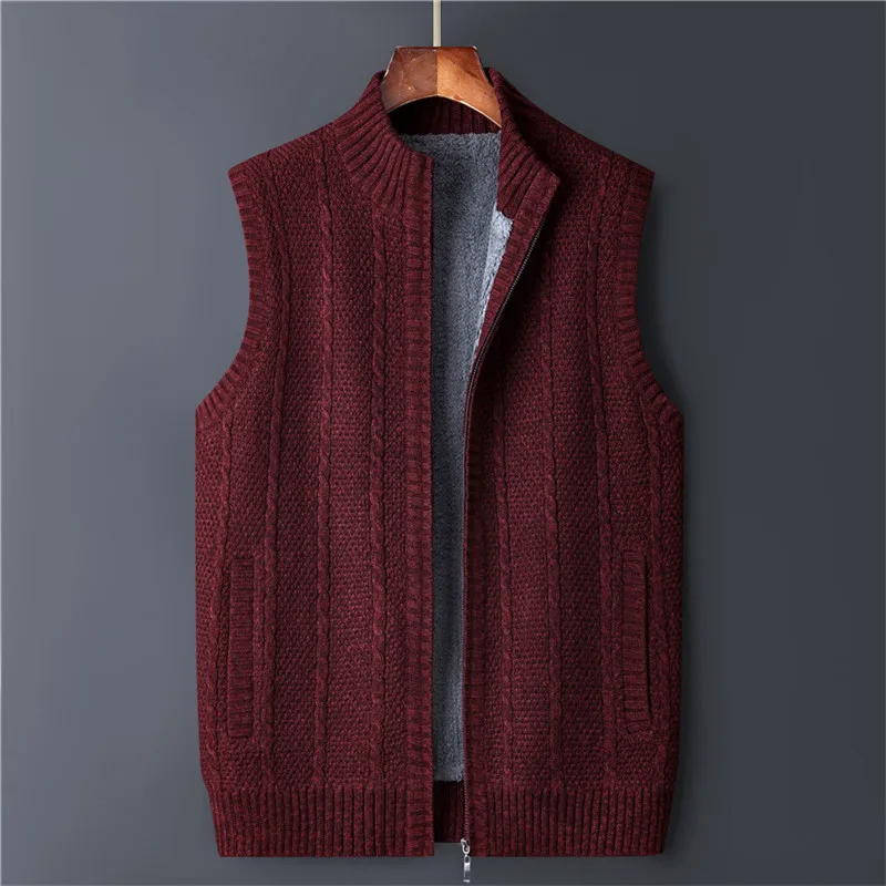 Winter Vest Men Sweater Zipper Warm Thick Male Cardigan Clothing Fleece Wool Liner Sleeveless Jackets Vintage Black Red
