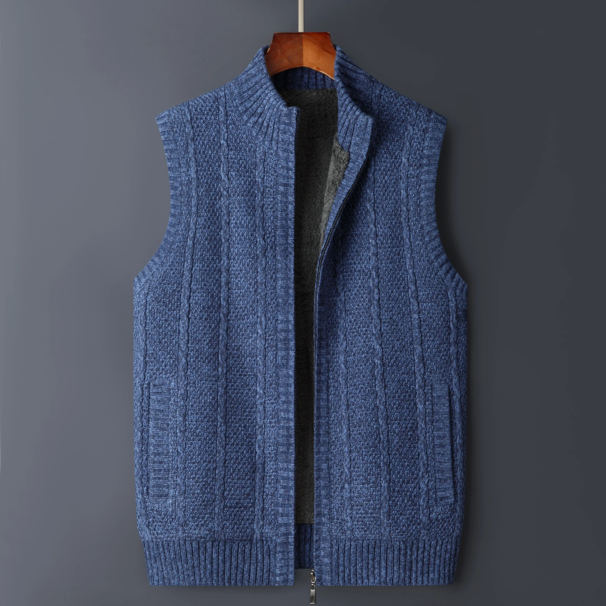Winter Vest Men Sweater Zipper Warm Thick Male Cardigan Clothing Fleece Wool Liner Sleeveless Jackets Vintage Black Red