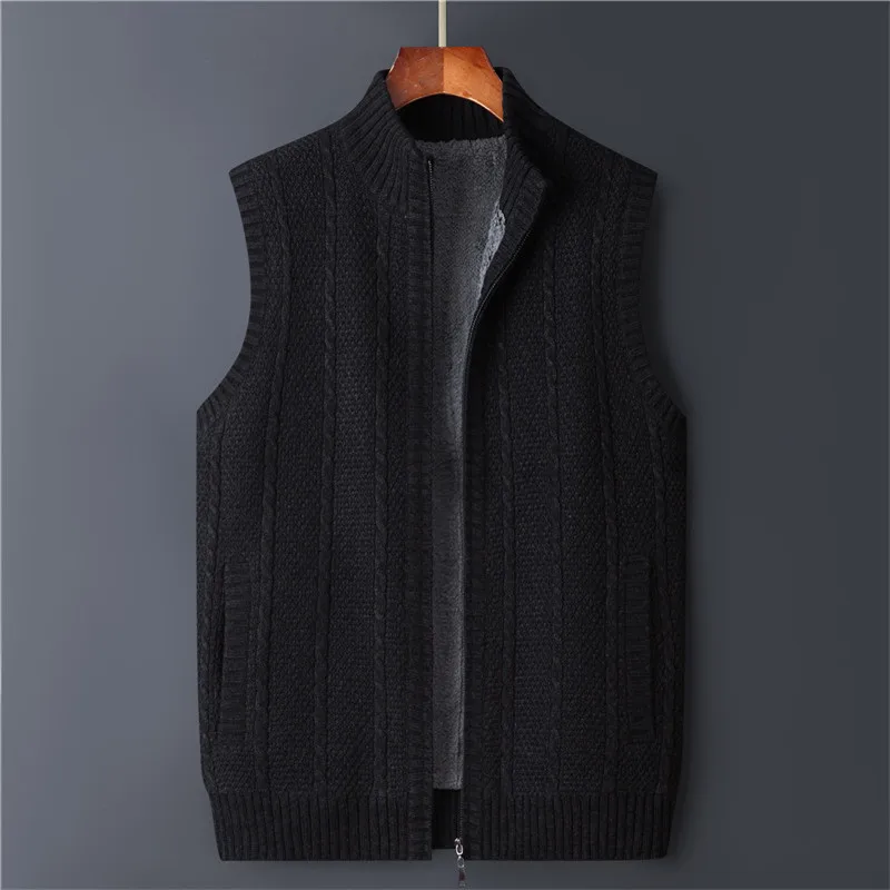 Winter Vest Men Sweater Zipper Warm Thick Male Cardigan Clothing Fleece Wool Liner Sleeveless Jackets Vintage Black Red