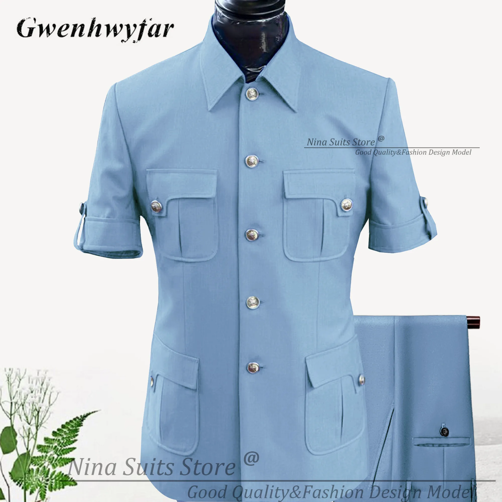 G&N Custom Made Africa Style Men Suits Sky Blue 2026 Short Sleeve Blazer Regular Pants for Business Men Formal Meeting Wear