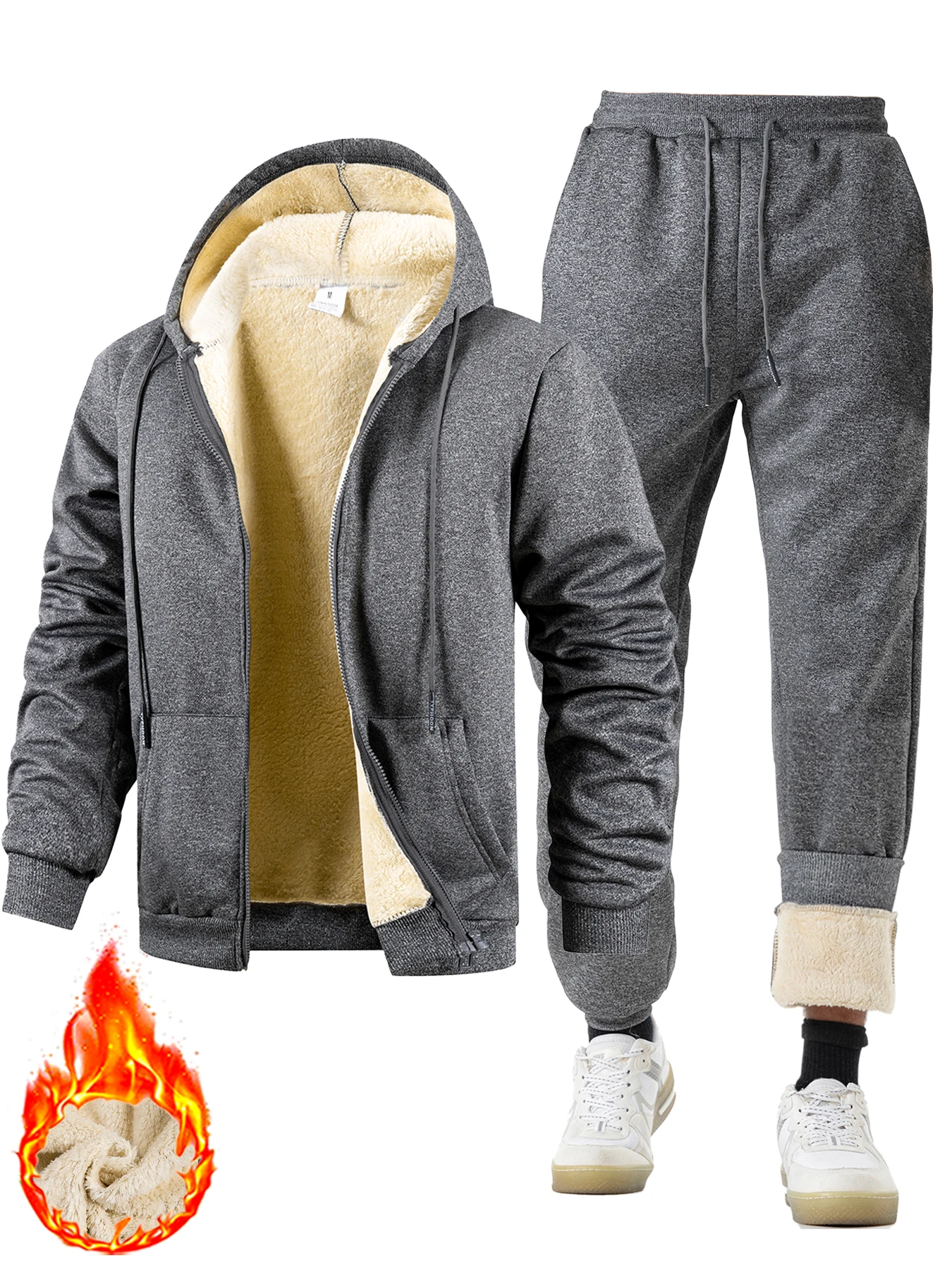 Men's Suit Two-Piece Tracksuit Plush Thickened Warm Sports Jacket+Trousers Sports Suit Winter Outdoor Casual Hoodie Sportswear