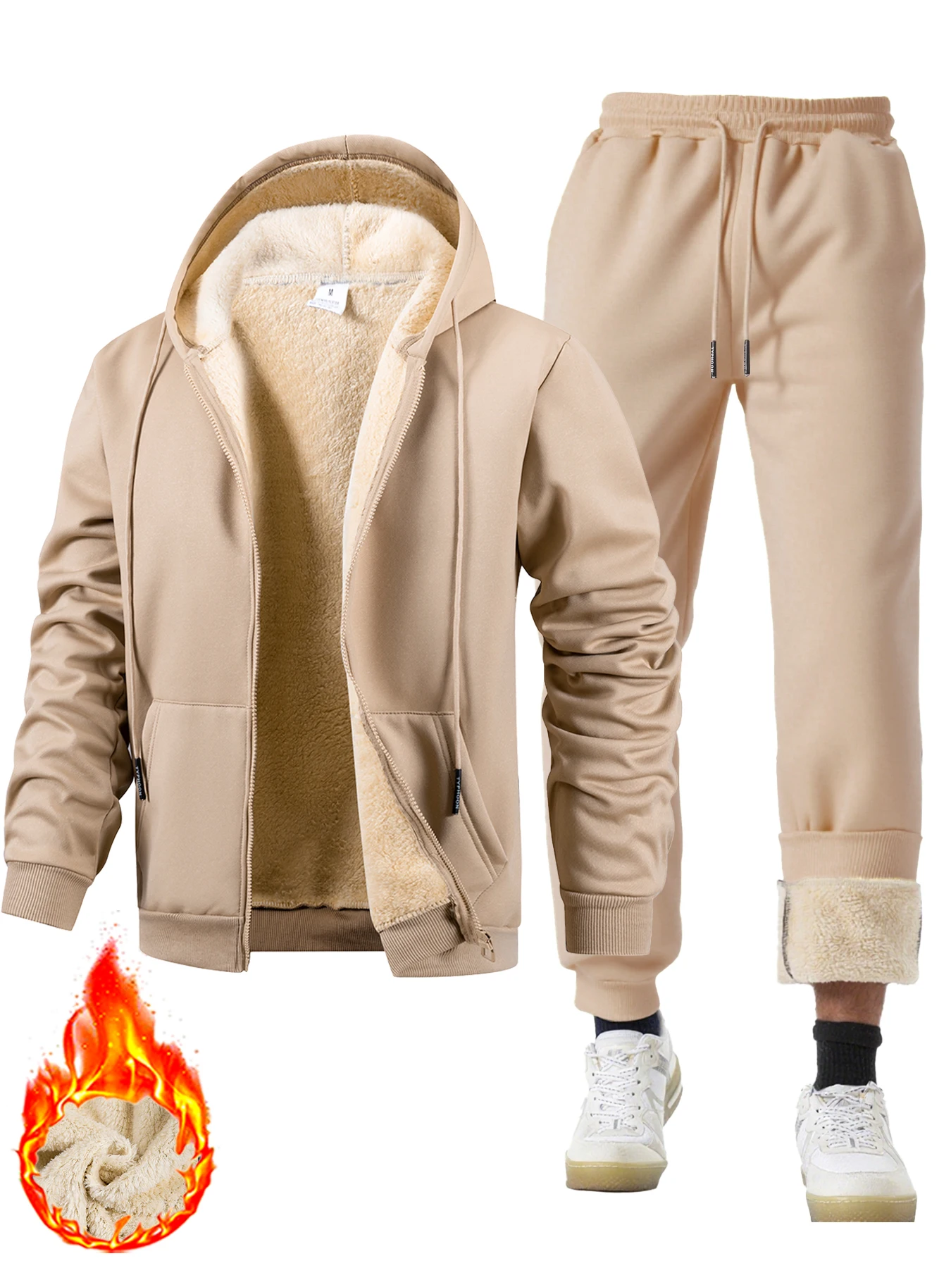 Men's Suit Two-Piece Tracksuit Plush Thickened Warm Sports Jacket+Trousers Sports Suit Winter Outdoor Casual Hoodie Sportswear
