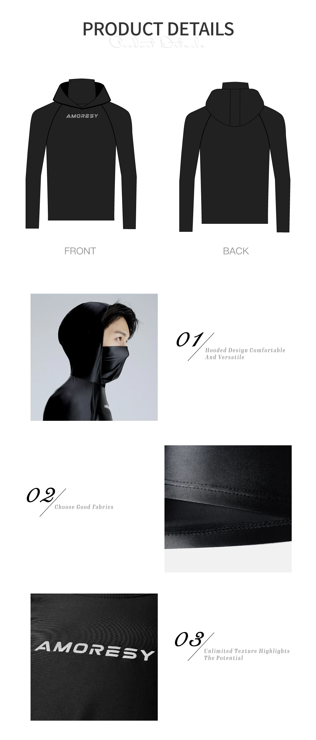 AMORESY Hyperion Multi Functional Hooded High Neck Sunscreen Tops Tights Tees Glossy Breathable Long Sleeve Running T-shirts