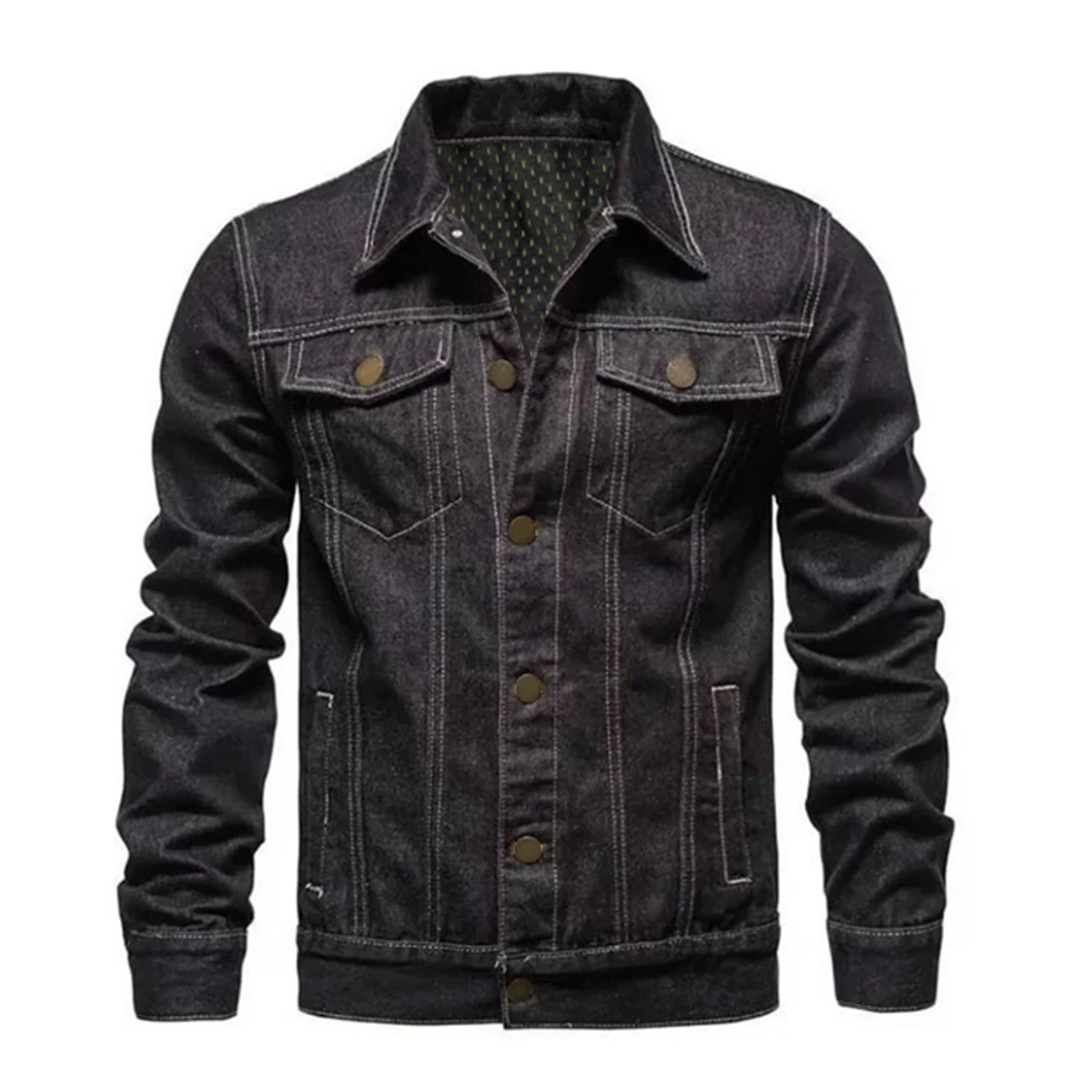 Washed Denim Moto Bike Jeans Jacket Long Sleeve Pockets For Men Blue Black