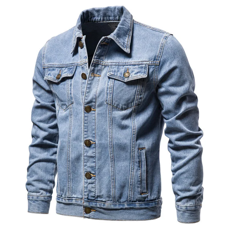 Washed Denim Moto Bike Jeans Jacket Long Sleeve Pockets For Men Blue Black