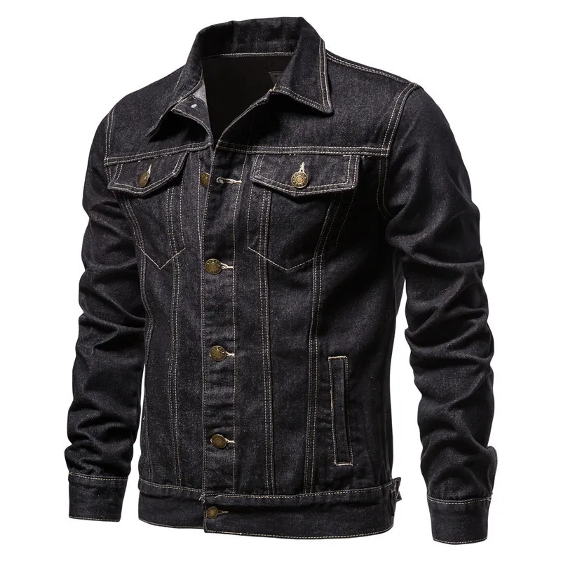Washed Denim Moto Bike Jeans Jacket Long Sleeve Pockets For Men Blue Black