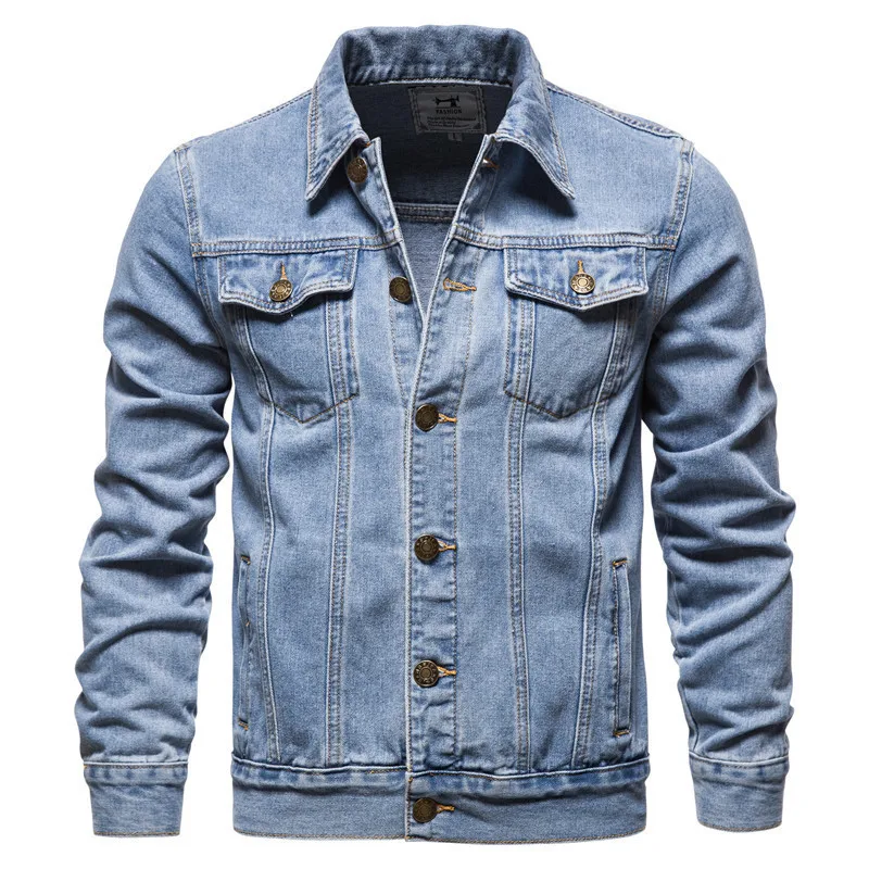 Washed Denim Moto Bike Jeans Jacket Long Sleeve Pockets For Men Blue Black
