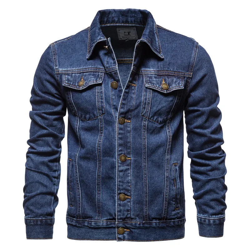 Washed Denim Moto Bike Jeans Jacket Long Sleeve Pockets For Men Blue Black