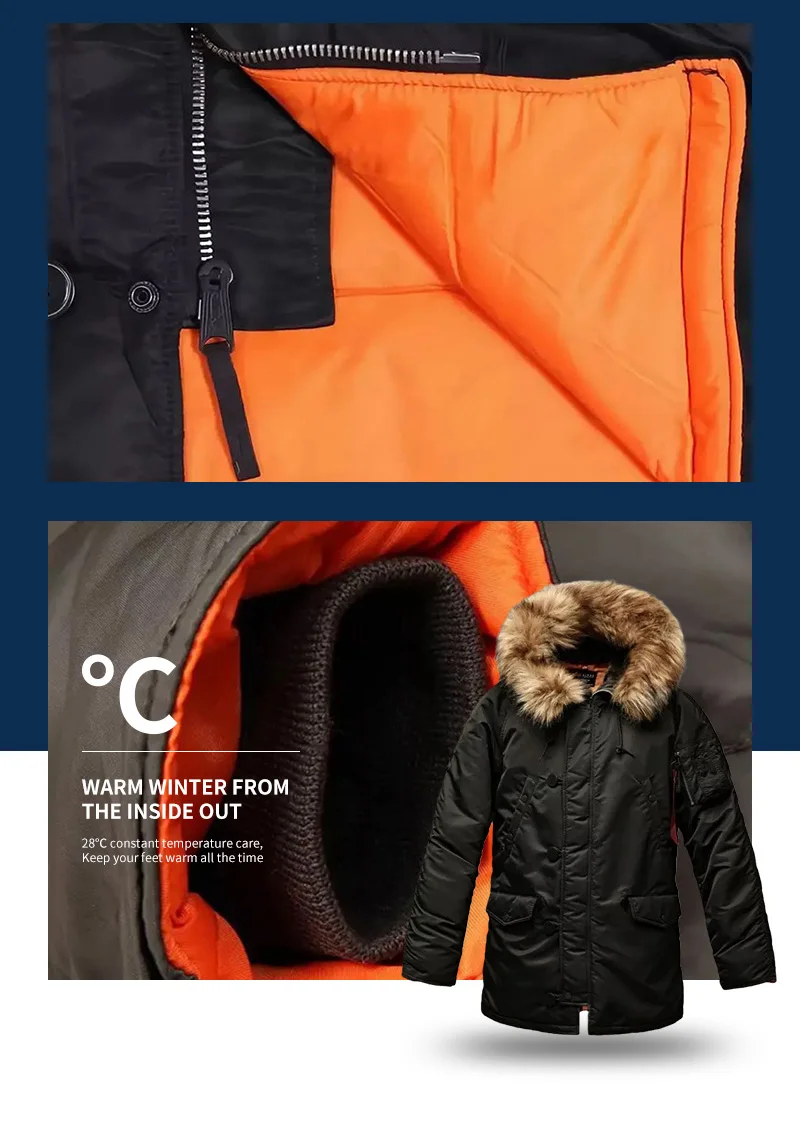 MGP Men's winter standard jacket classic n-3b parka for extreme cold weather waterproof removable faux fur around Hood