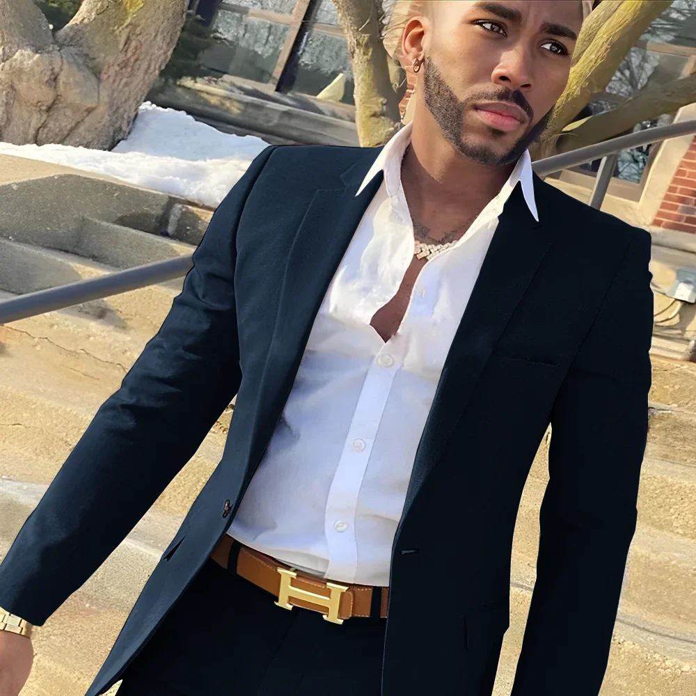 Navy Blue Men's Suit 2 Piece Business Formal Work Wear Wedding Groom Tuxedo Custom Dress Male 2024 Blazer
