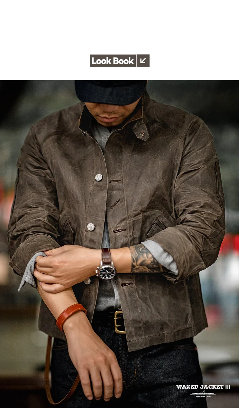 Maden Vintage Stand Collar Oil Waxed Jacket Ⅲ Version for Men's Waterproof Canvas Solid Color Classic Hunting Coat for Autumn